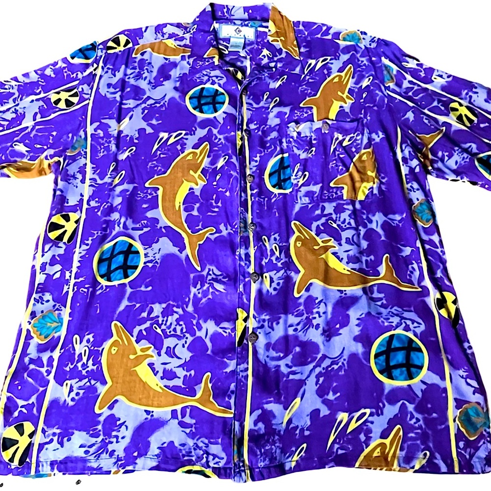 CHIAMARE Vintage 90’s Hawaiian Dolphin Short Sleeve Shirt Size Large Beach Vibe